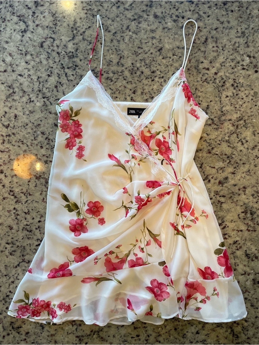 New Zara White wrap Slip mini Dress with Pink Floral Print and Lace Trim L